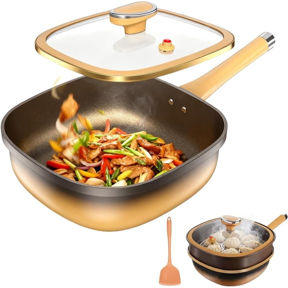 12in Titanium Alloy Non-Stick Pot with Lid,titanium pans for cooking,Multi-functional Large Capacity Non Stick Frying Skillets,with Ergonomic Heat-proof Handles titanium wok