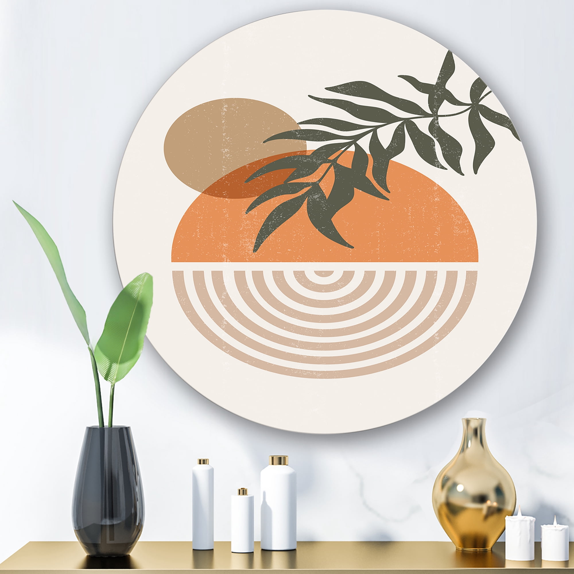 Designart 'Abstract Geometrical Moon and Sun With Leaf I' Modern Circle Metal Wall Art 23x23 - Disc of 23