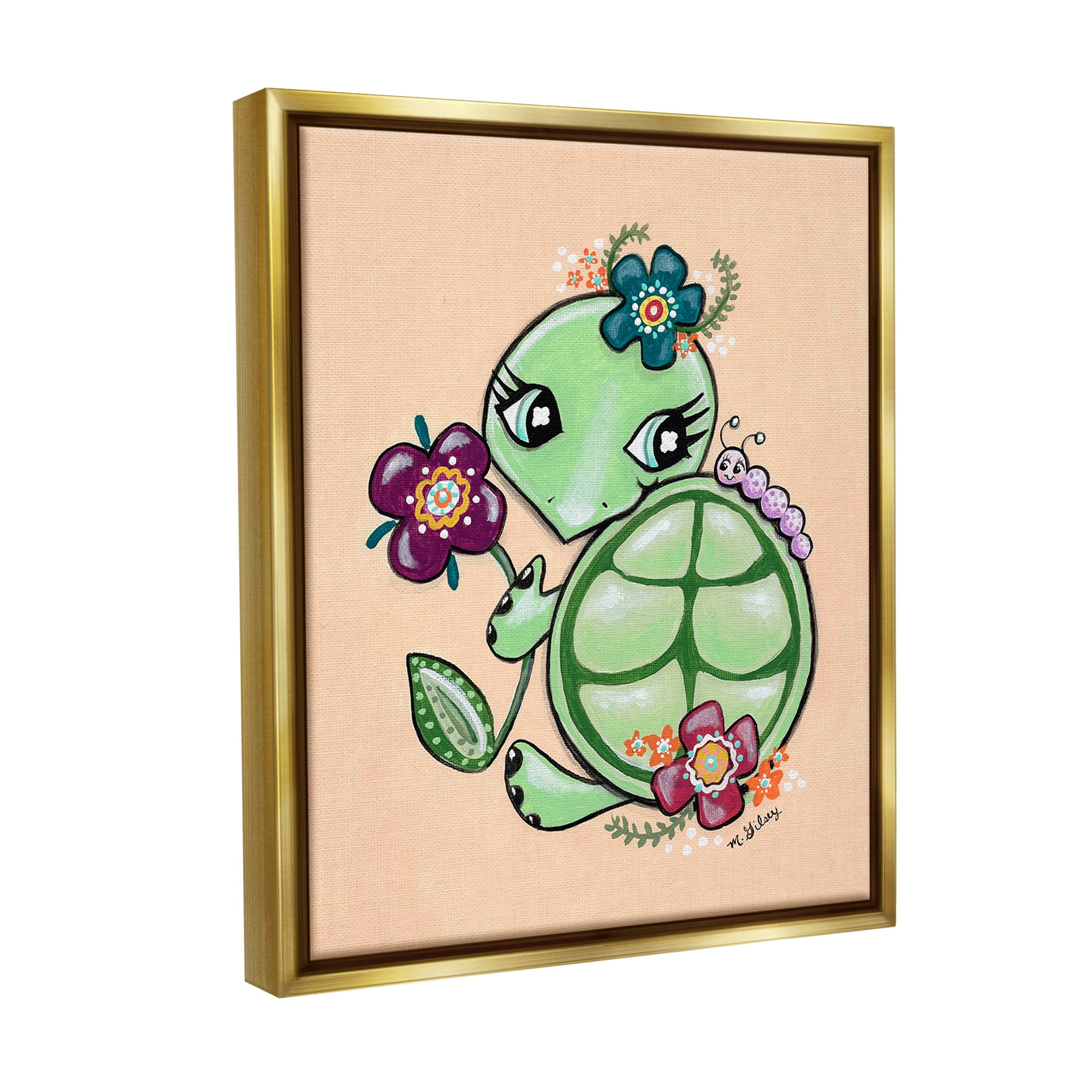 Stupell Industries Floral Blossom Turtle Animals & Insects Painting Gold Floater Framed Canvas Art Print Wall Art, 25 x 31