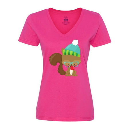 Inktastic Winter Squirrel  Hipster Squirrel  Glasses  Hat Women s V-Neck T-Shirt