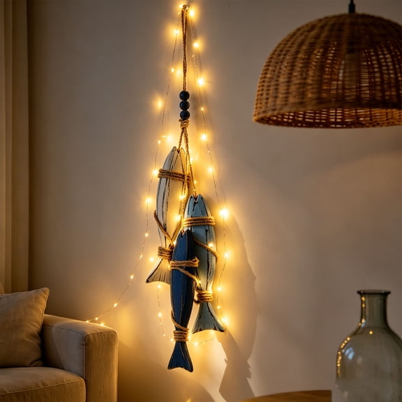 Mediterranean Style Starfish Fish LED Hanging Ornament Set, Coastal Beach Themed Light up Wall Decor Pendants, Nautical Sea Animal Decor for Bathroom Bedroom Patio Home Decoration, Blue
