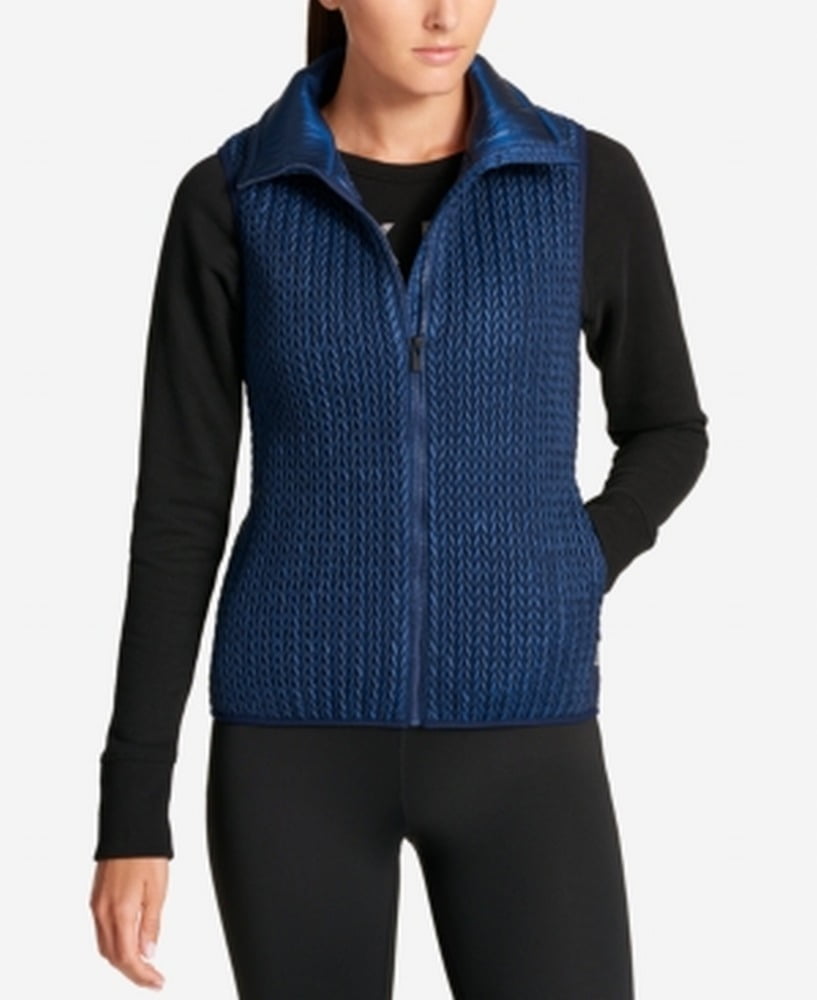 DKNY NEW Blue Womens Size Large L Quilted FrontZip Textured Vest