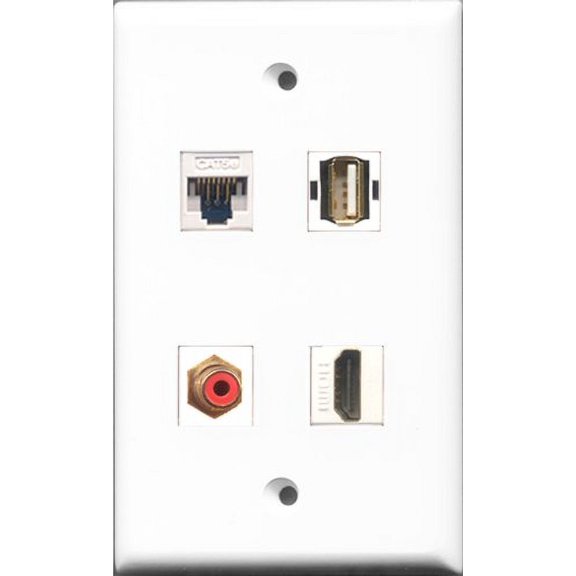 RiteAV 1 Port HDMI and 1 Port RCA Red and 1 Port USB A-A and 1 Port Cat5e Ethernet White Wall Plate