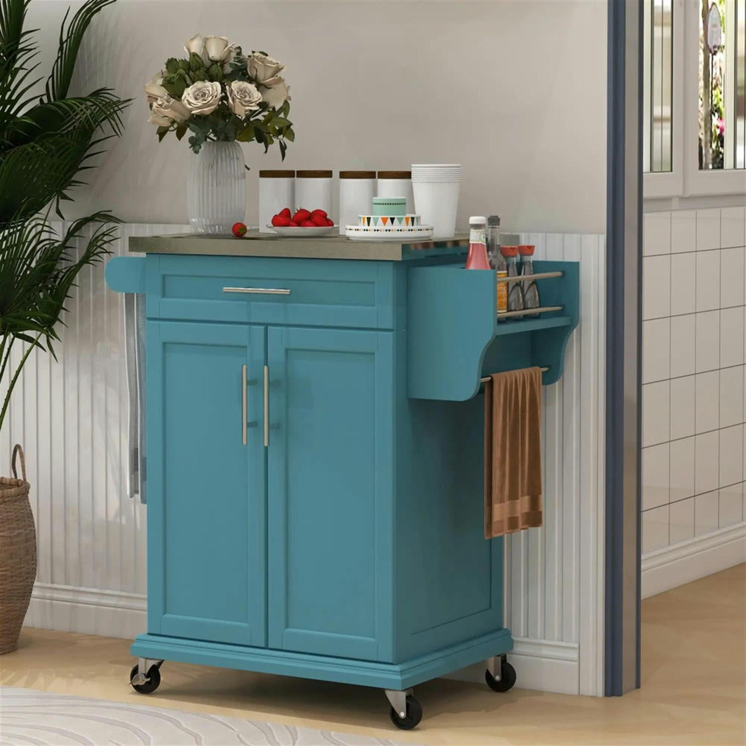 Demi Bonn 35" Kitchen Island Cart on Wheels with Stainless Steel Top, Rolling Dining Room Serving Utility Carts Mobile Movable with Towel Rack, Blue