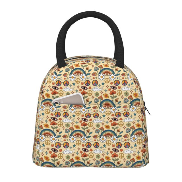 Easygdp 70s Hippie Style Bolsa de Almuerzo Insulada Grande, Forro de Aluminio, Diseño Espacioso, a Prueba de Fugas, Ideal para Trabajo, Picnics, Viajes y Actividades al Aire Libre