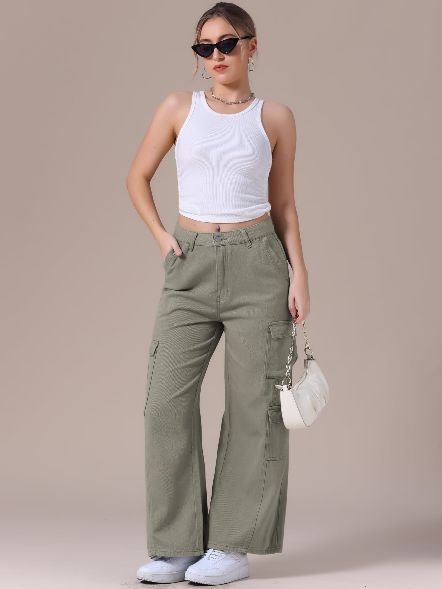 DARING DIVA Women's Baggy Jeans Multi-Pocket Cargo Denim Pants M Green