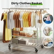 HOKEEPER 670lbs Heavy Duty Double Clothing Garment Rack with Shelves and Metal Basket Clothing Racks on Wheels Rolling Clothes Rack for Hanging Clothes Commercial Grade