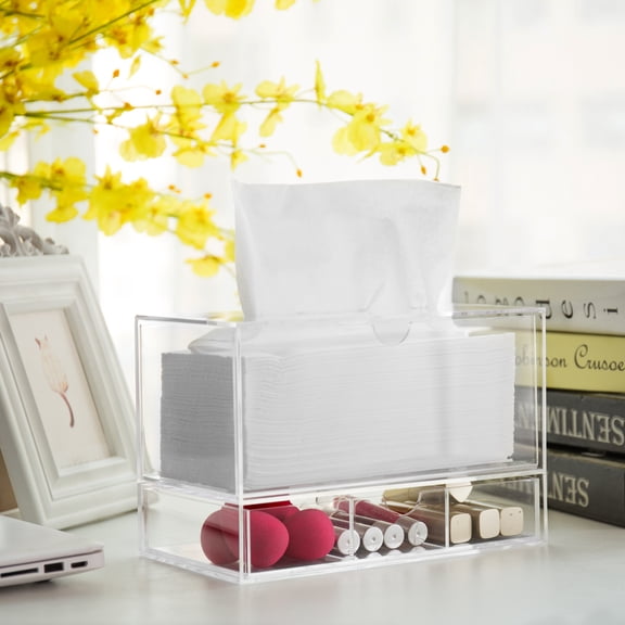 MyGift Clear Acrylic Tissue Dispense/Modern Cosmetic Organizer Box with Drawer