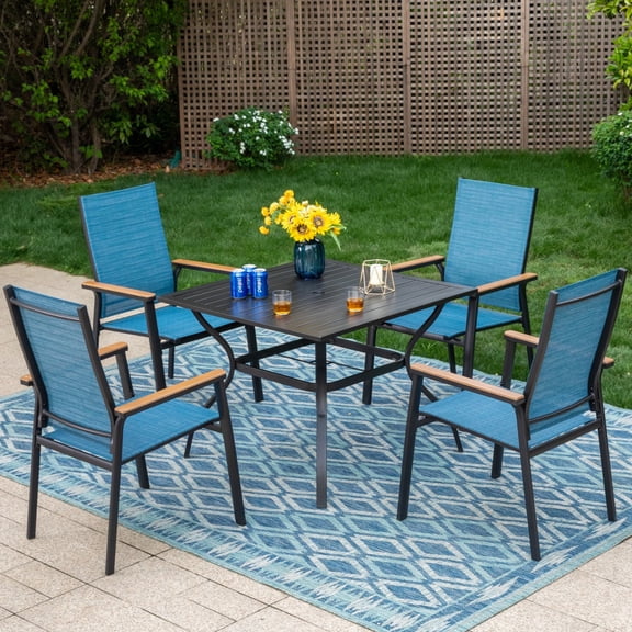 SUMMIT LIVING 5-Piece Outdoor Patio Dining Set, 37" Square Patio Table with Umbrella Hole and Textilene Stackable Aluminum Chairs, Blue