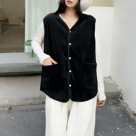 Zedker Womens Waistcoat Fleece Lightweight Vest Sleeveless Button Down Jacket Coat ,Plus Size Black XXL