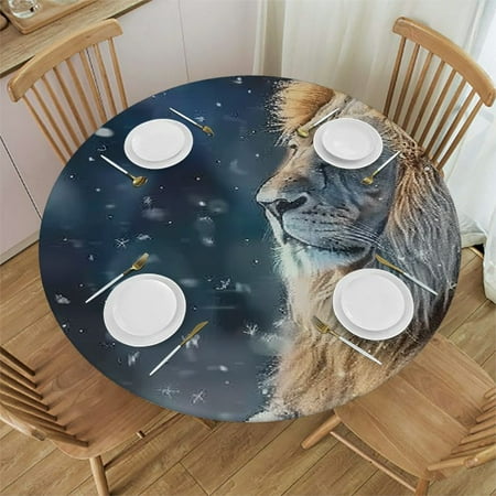 

Patifu Lion Snow Fantasy Art Round Table Cover Stain Resistant Washable Perfect for Indoor Outdoor Kitchen Dining Wedding Parties 100% Polyester Tablecloth with Elastic Edge 46 -50