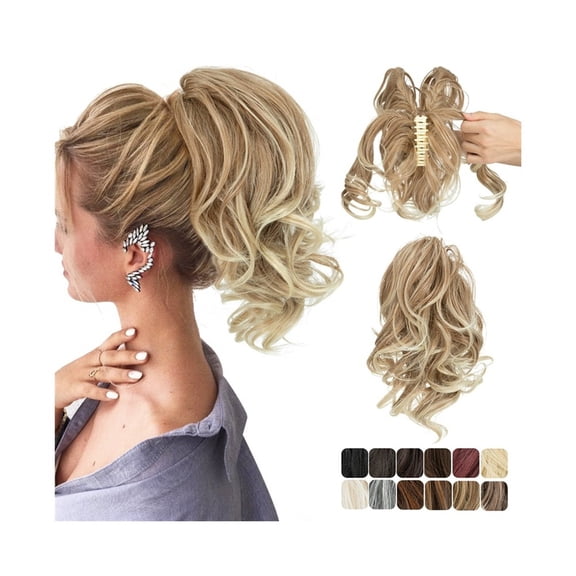Claw Clip Ponytail Extension, Natural Wave Short Ponytail Natural Looking Synthetic Hairpiece Claw Clip on Pony Tail for Women