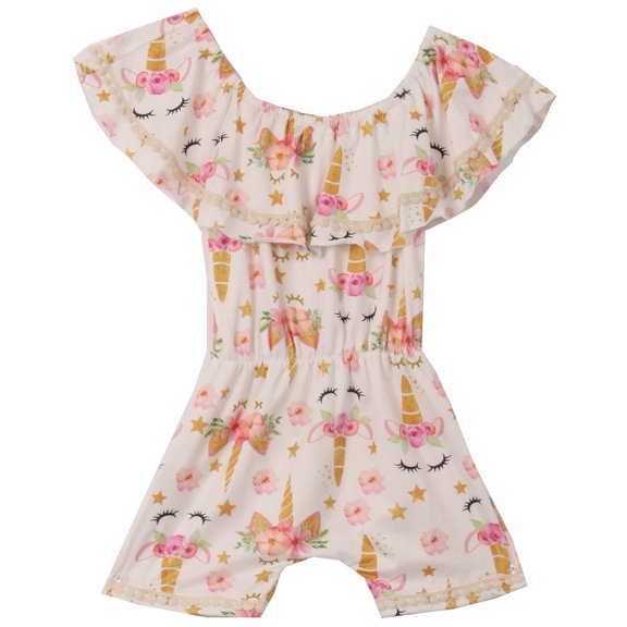 Toddler Girls Floral Unicorn Off Shoulder Birthday Party Romper Clothing Gold 2T XS (R301-04)