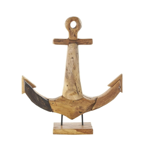 21" x 23" Brown Teak Wood Handmade Anchor Sculpture with Mosaic Live Edge Pieces, by DecMode