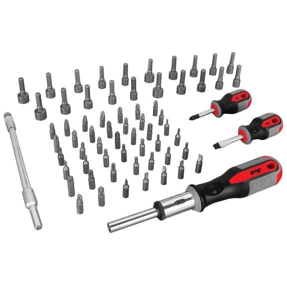 Performance Tool W1784 66-Piece Screwdriver and Bit Set, Full Set, Holders and Organizers Included, Reversible Driver, Flex Extension, Phillips, Slotted, Pozi, Square, Hex, Star, SAE/MET Nut Drivers