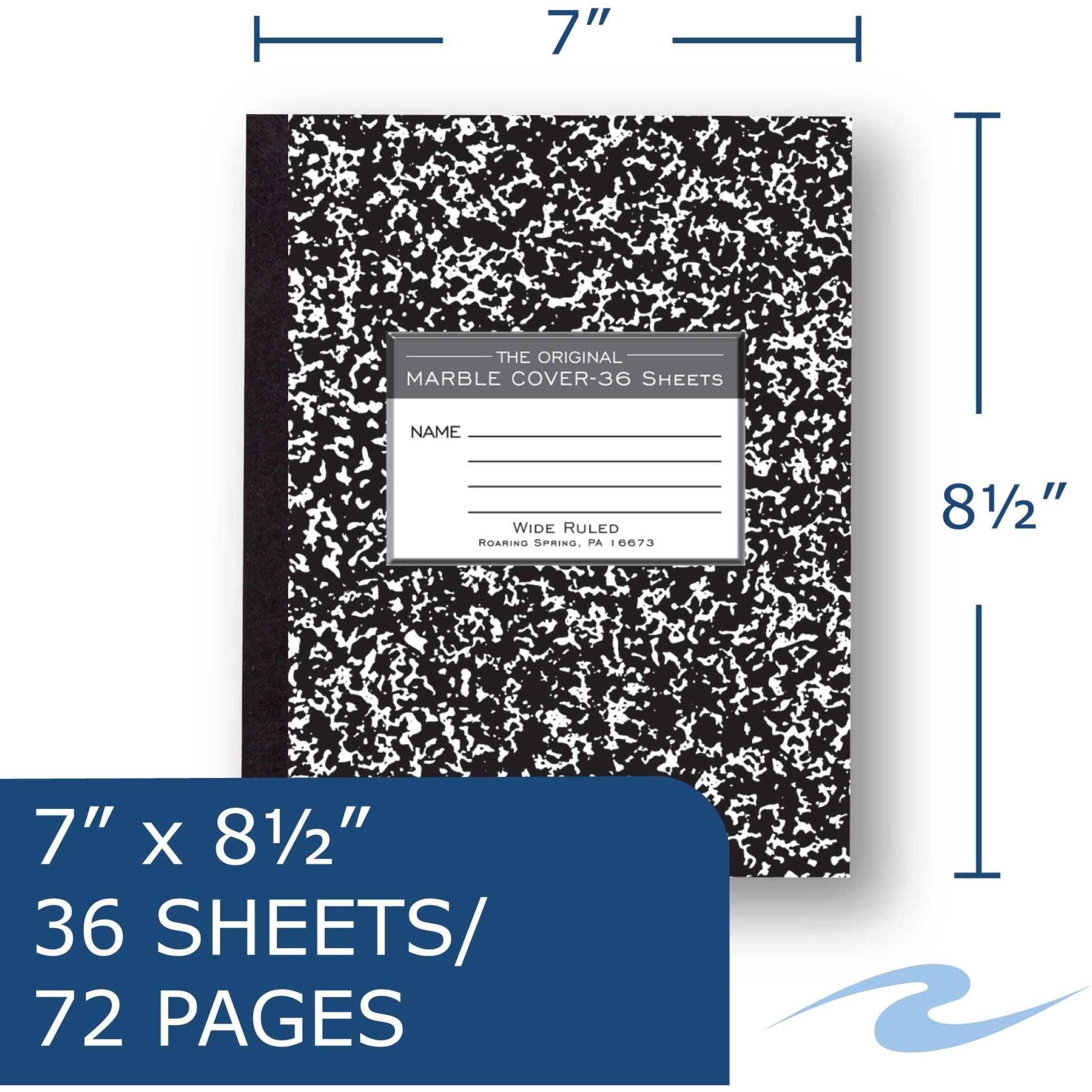 Roaring Spring Wide Ruled Flexible Cover Composition Book, 1 Case (144 Total), 8.5" x 7" 36 Sheets, Black Marble