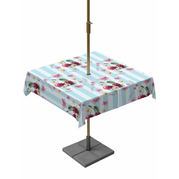 Outdoor Tablecloth with Umbrella Hole for Patio/Picnic/Party/Camping, 4th of July Waterproof Table Cloth Square Cover Washable, Independence Day Pink Floral Blue Striped (60"x 60")