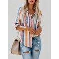 thumbnail image 2 of Borke Womens V Neck Striped Roll up Sleeve Button Down Blouses Top, 2 of 6