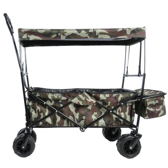 Collapsible Wagon Folding Garden Cart w/Removable Canopy, Heavy Duty Extra Large Portable Camping Beach Utilit Cart w/Adjustable Push Pull Handle, 6.3" Wide All-Terrain Wheel for Shopping Picnic