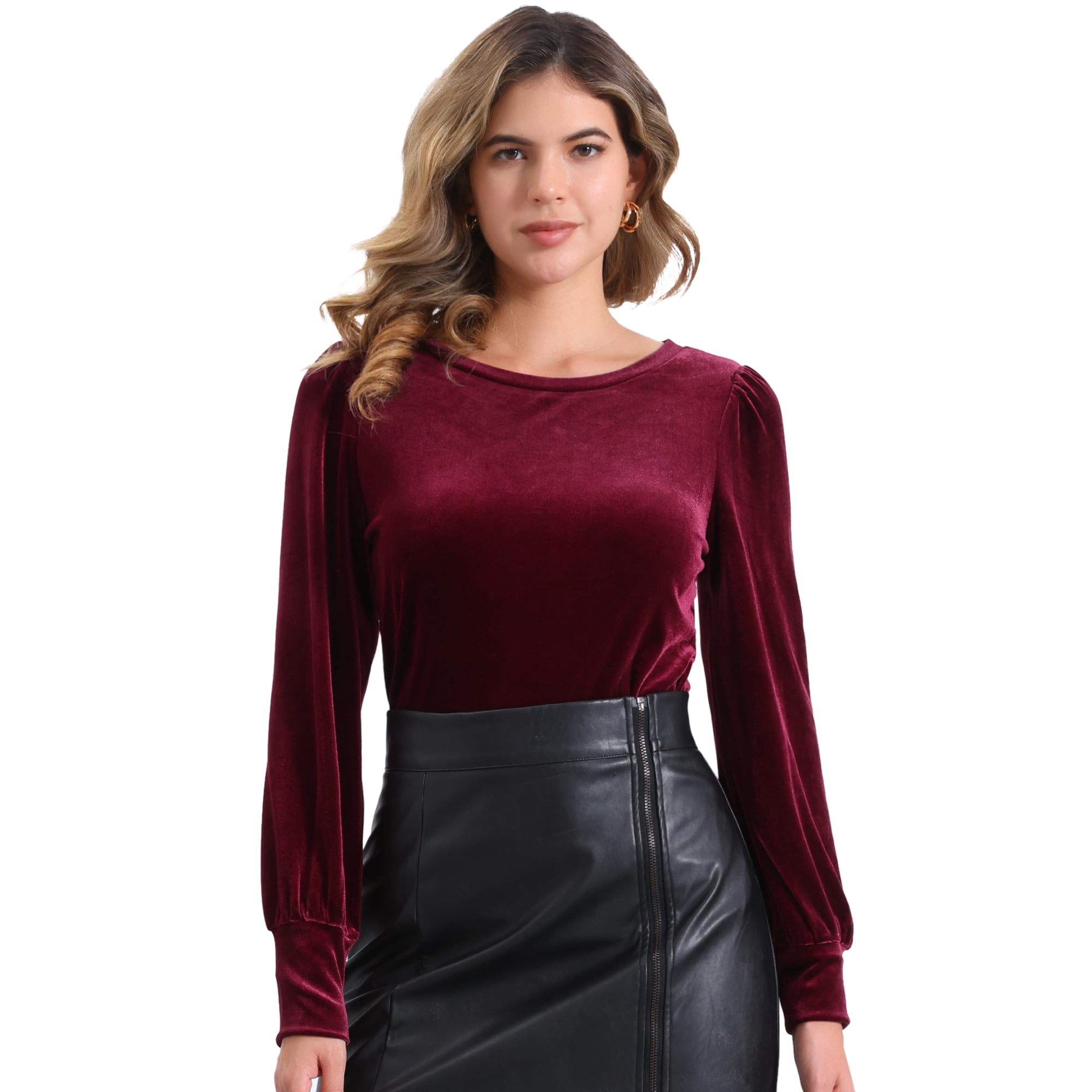 DARING DIVA Women s Velvet Crew Neck Puff Long Sleeve Blouses S Burgundy