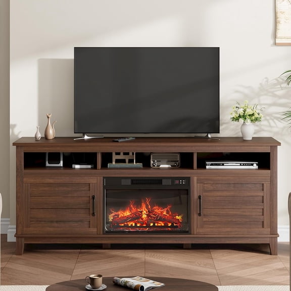 70.9 Inch Fireplace TV Stand with 23 Inch Electric Fireplace, Farmhouse Entertainment Center with Cabinet Doors for Living Room and Bedroom