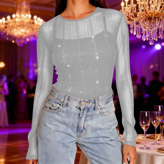 Cadancy Womens Mesh Tops Sequin Sparkly Cocktail Party Elegant Sheer Stretch Long Sleeve Shirts Crewneck Bodycon Club Evening Glitter Outfits