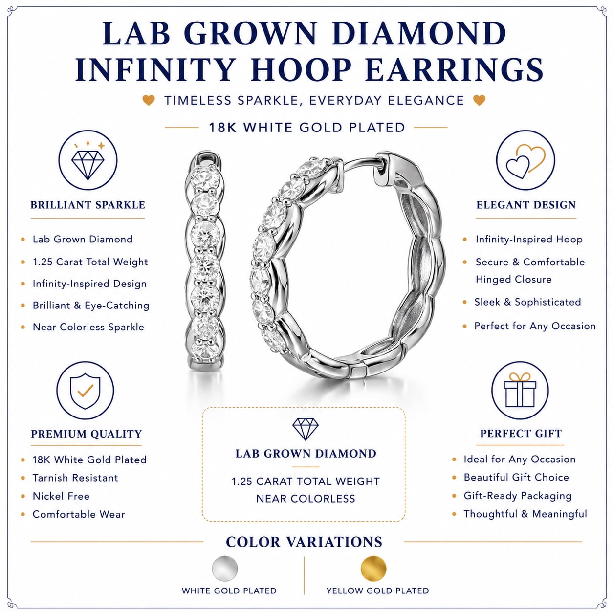JeenMata Lab Grown Diamond 1.25 Carat Infinity-Inspired Hoop Earrings in 18K Yellow Gold Plating for Women