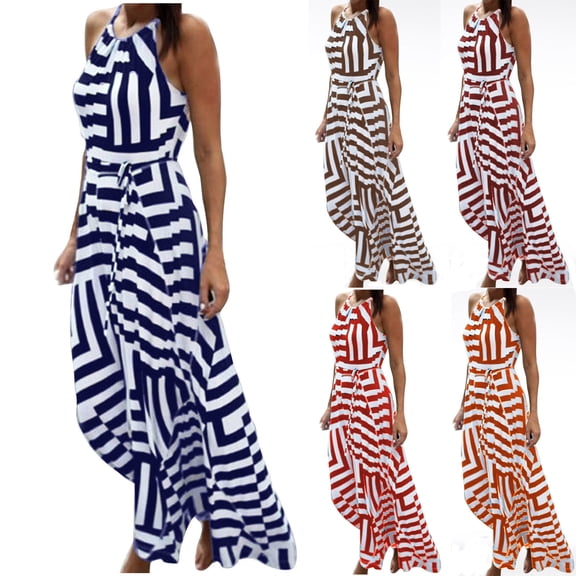 Teyfeniy Women Striped Maxi Dresses Summer Spring Sun Crew Neck Sleeveless Dress with Graphic Going Out Holiday Vacation Beach Outfit Color Block Comfy Flowy Dresses