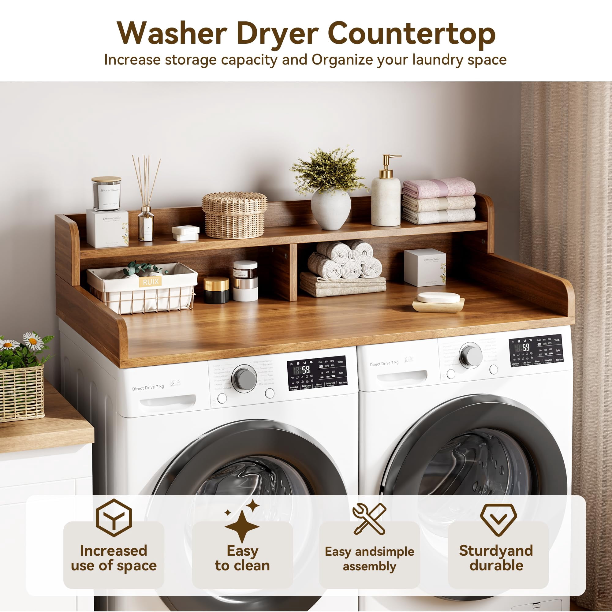 2-Tier Washer and Dryer Countertop with Shelf, Laundry Countertop Cover with Non-Slip Pad, 54.3"D x 27.6"W x 12"H Laundry Topper for Organize