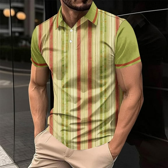 Tops for Men Plus Size Short Sleeved Lapel Striped Printed Button Casual Solid Color T-shirt Yellow XXXXL