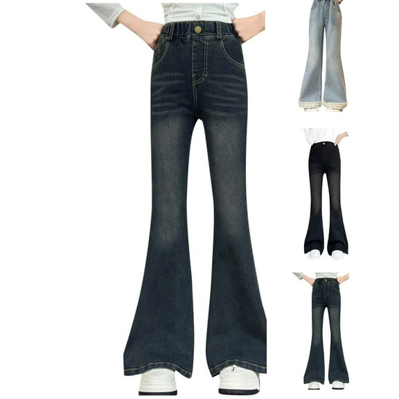 Gamivast Jean for Girls Baggy 5-15 Years Old Straight Leg Denim Wide Leg Pants Trousers with Pockets Lace Hem Casual Elastic Waist Pull on Jeans for Kids Teen