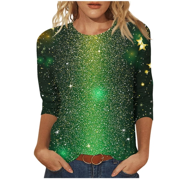 SELONE St. Patricks Day Womens Tops with 3/4 Sleeves Crewneck Shirts Star Pullover Holiday Outerwear Green 3XL