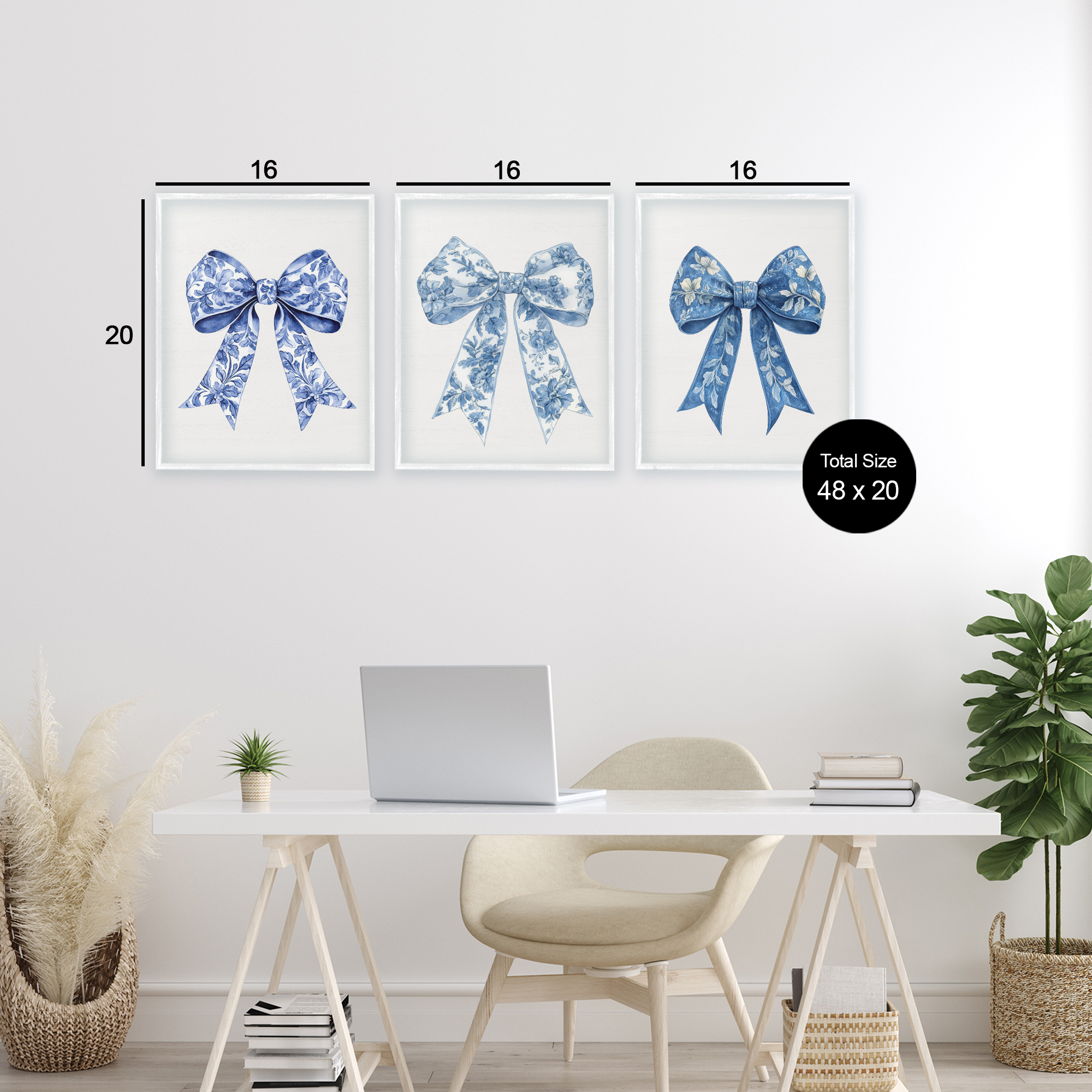 Vintage Toile Pattern Bows 3 Piece White Framed Giclee Art Set, design by Lettered and Lined