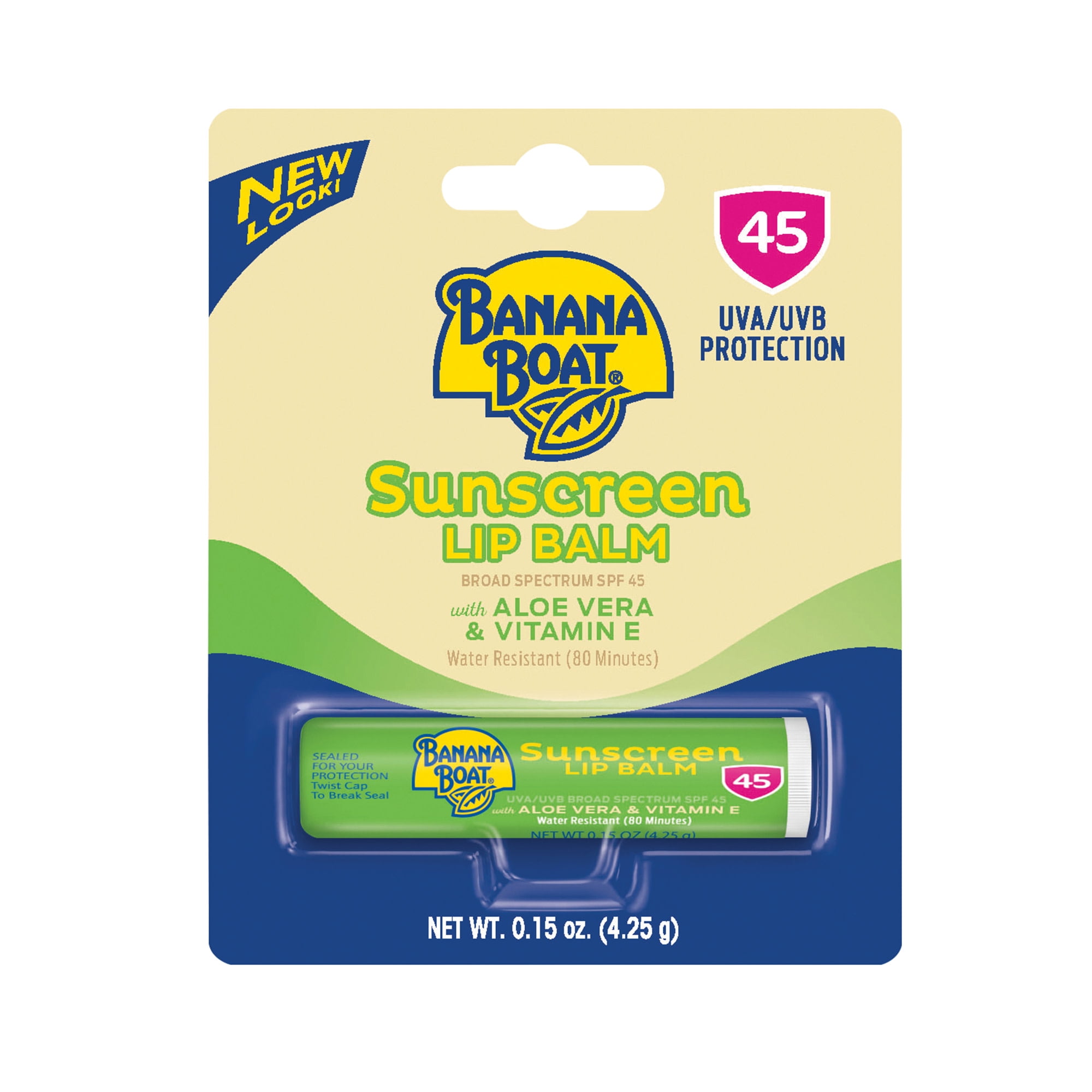 Banana Boat Sunscreen Lip Balm SPF 45, Aloe Vera & Vitamin E, 0.15 Oz ...