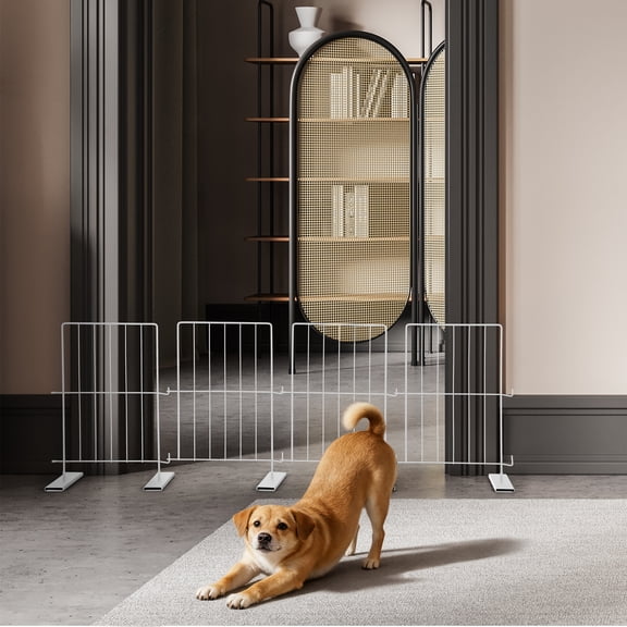 17" Metal Freestanding Pet Gate – 4-Panel Expandable Dog Fence (10.4"-48"), Tool-Free Setup, Indoor/Outdoor Barrier for Small Dogs & Cats, White