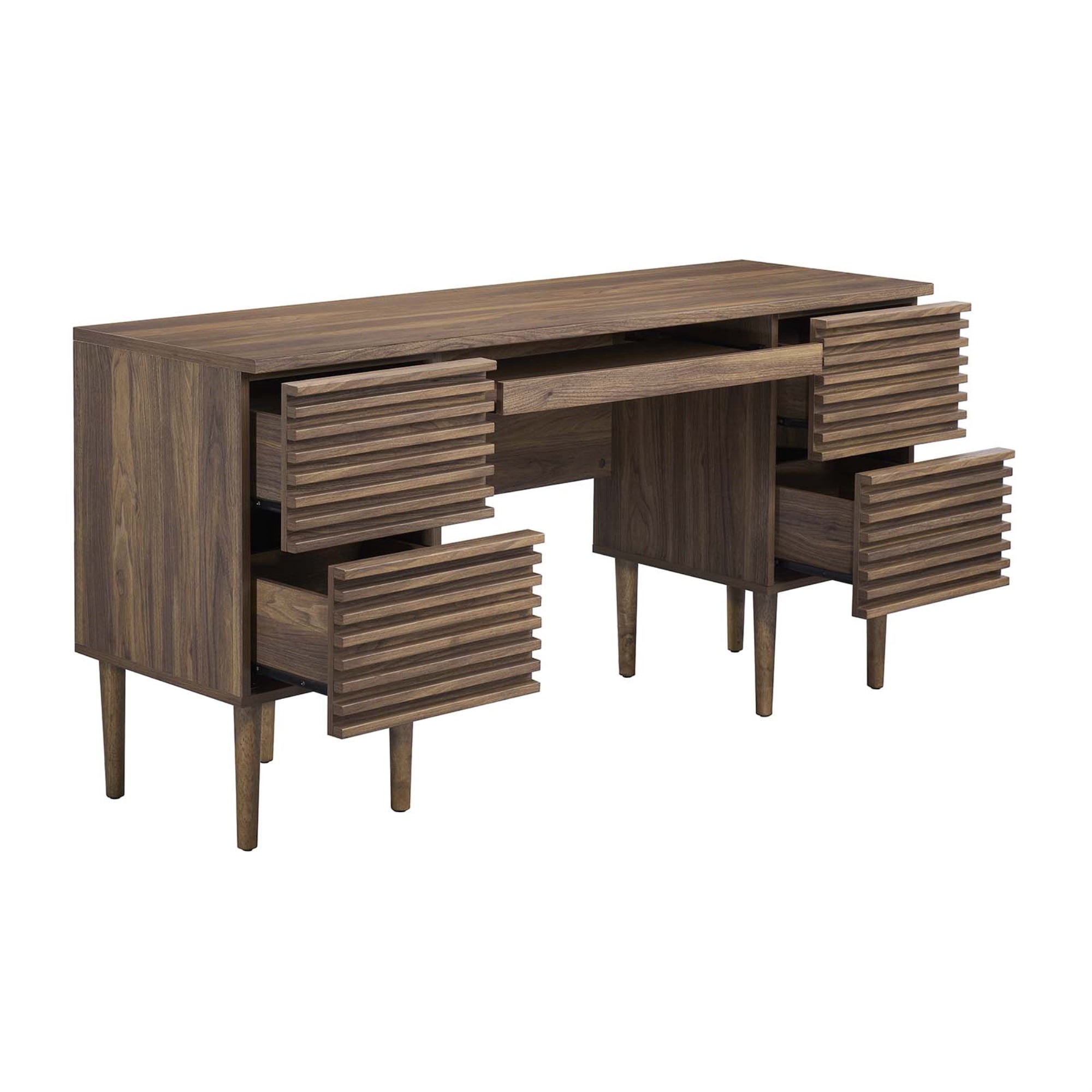 Mid-Century Walnut Office Desk with Keyboard Tray and Storage Drawers