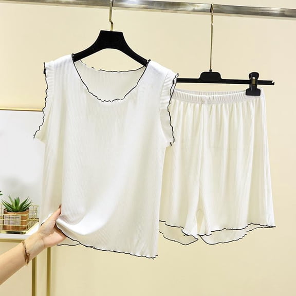 asjyhkr Modal Pajamas Women Set 2 Piece Ribbed Sleeveless Crew Neck Tops High Waist Shorts Loose Solid Color Homewear Outside Wearing Sleepwear