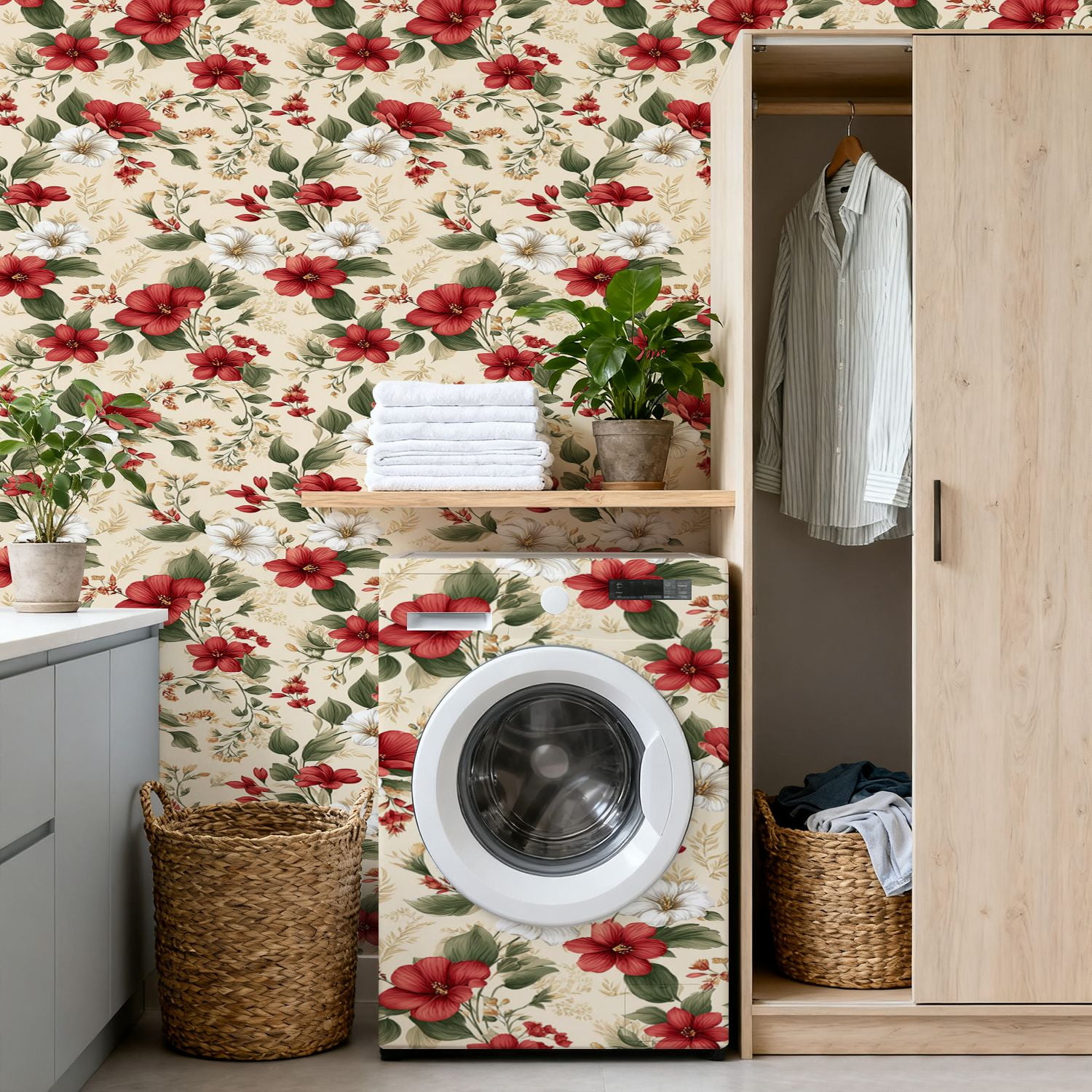 Flower Peel and Stick Wallpaper 17.7in x 9.8ft Elegant Floral Red White Flowers Soft Beige Contact Paper Vinyl Waterproof Self Adhesive Wall Paper for Bedroom Shelf Cabinet Renter Friendly