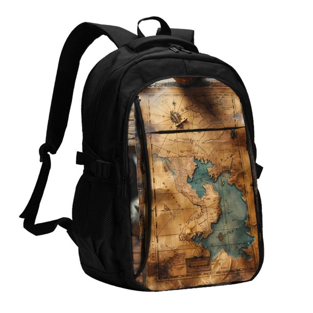 Balery Antique Map Adventure Scene Mochila con carga USB para hombre y mujer - Mochila impermeable y antirrobo para laptop con puerto USB para viajes, trabajo