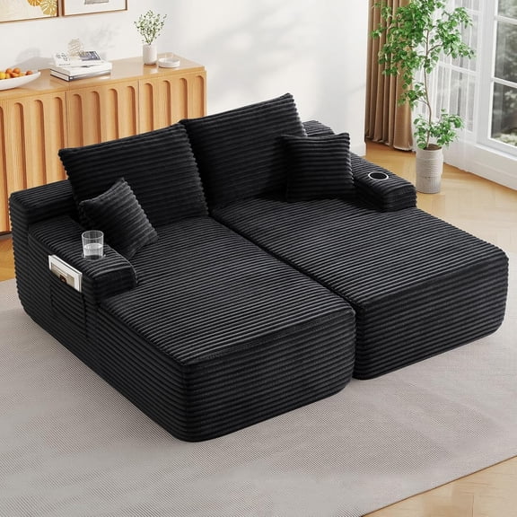ZIVACATE 69" Double Chaise Lounge with 4 Pillows, Deep Seat Sleeper Couch, Deep Seat Loveseat Chair for Living Room, Black