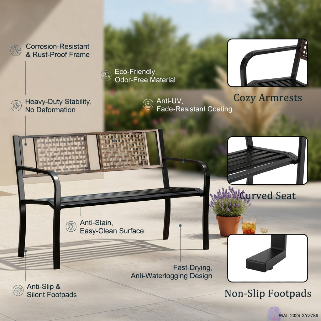 Hommoo 50" Outdoor Metal Patio Bench for 2-3 People, Rattan-Style Garden Bench with Heavy-Duty Steel Frame & Anti-Slip Feet, Black
