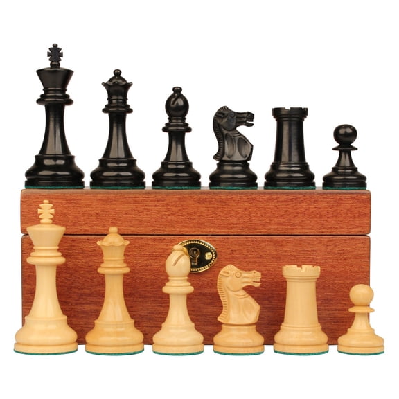 British Staunton Chess Set Ebonized & Boxwood Pieces with Mahogany Chess Box - 4" King