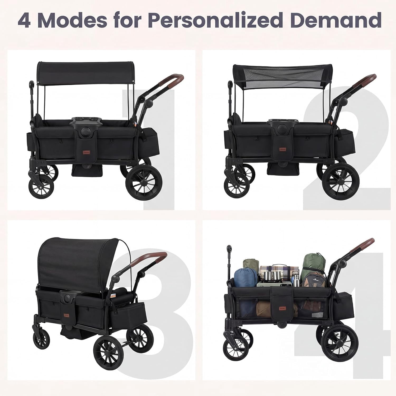 INFANS Wagon Stroller for 2 Kids, Foldable Wagon Cart with Adjustable Handle Pull Bar, Removable Canopy, Footwell, Snack Tray, Harnesses for Infants Toddlers 6-36 Months
