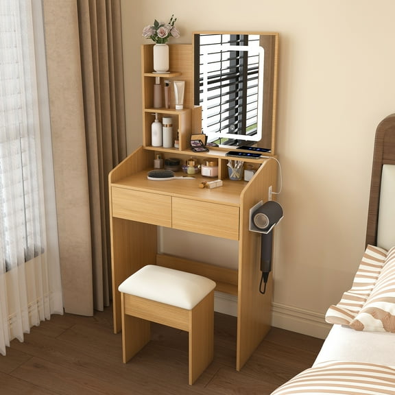 Jopath Makeup Vanity Table Set,Wood Dressing Table with Mirror and Lights,Power Outlet, Hairdryer Holder & Stool for Small Bedrooms