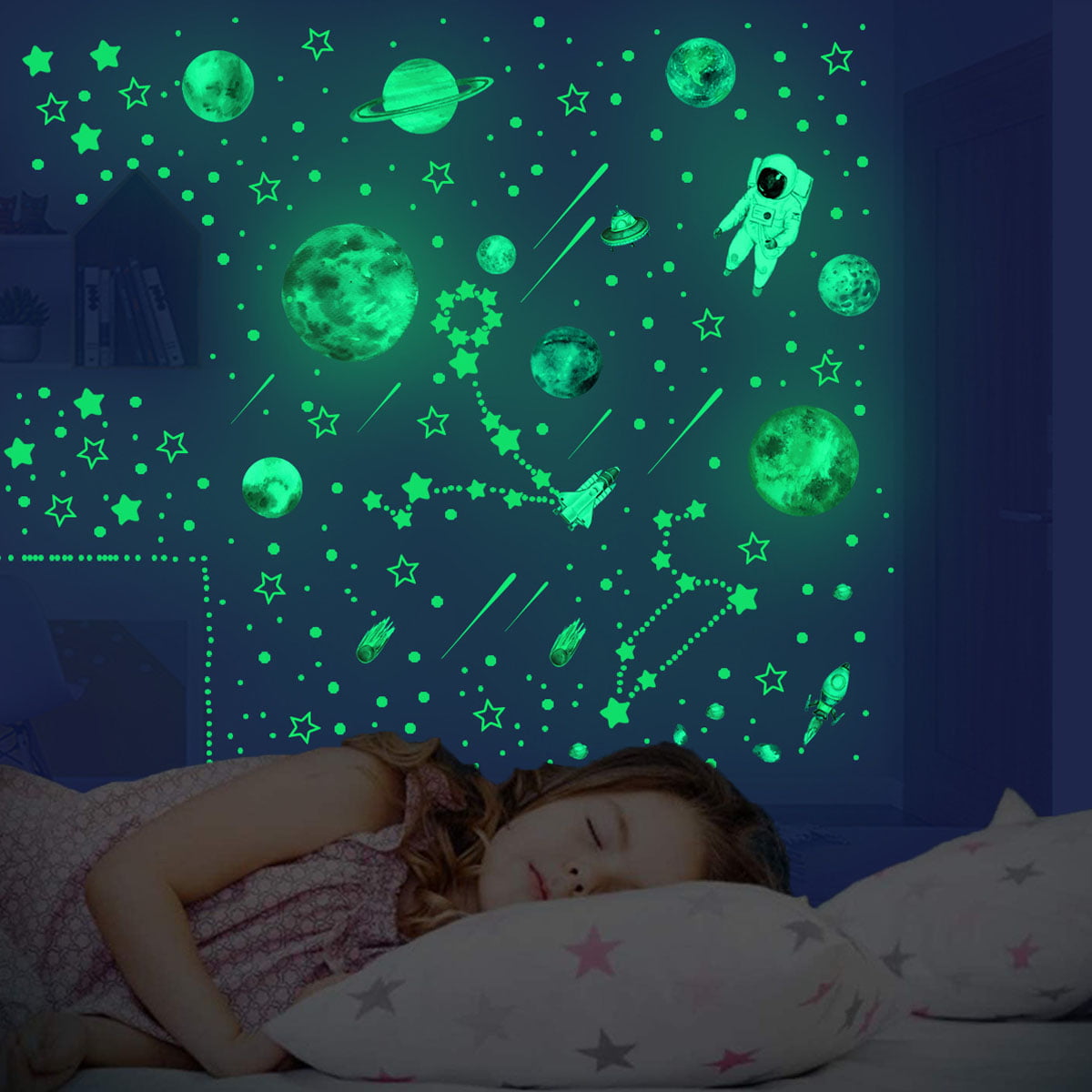 Space Wall Stickers,Space Wall Decals Planets Astronaut Rocket Spacecraft Alien Wall Decals Solar System Stickers Galaxy Universe Stars Decal for Kids Boys Girls Toddler Nursery Bedroom Decor 