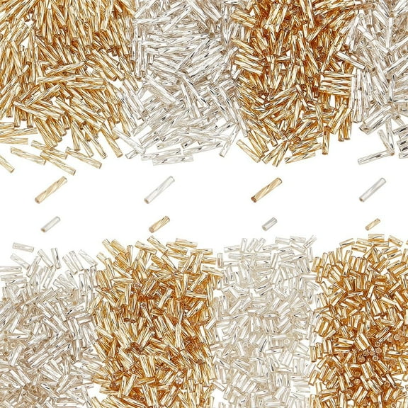 1box 1600pcs 4 Sizes Glass Twisted Bugle Beads 5/6/9/12x2mm Metallic Tube Beads Craft Loose Spacer Bead for DIY Bracelet Jewelry Crafts Making Beading Sewing Clothing Golden & Silver