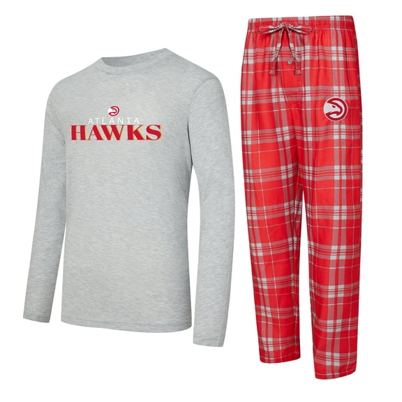 Men's Concepts Sport Red/Heather Gray Atlanta Hawks Regulate Long Sleeve T-Shirt & Plaid Pant Set
