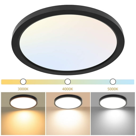 Hlite 12" LED Ceiling Light,3CCT Selectable Flush Mount Light,Ultra-Thin,Damp Rated Lighting Fixtures for Bedroom,Bathroom,Kitchen,Utility Room,Black