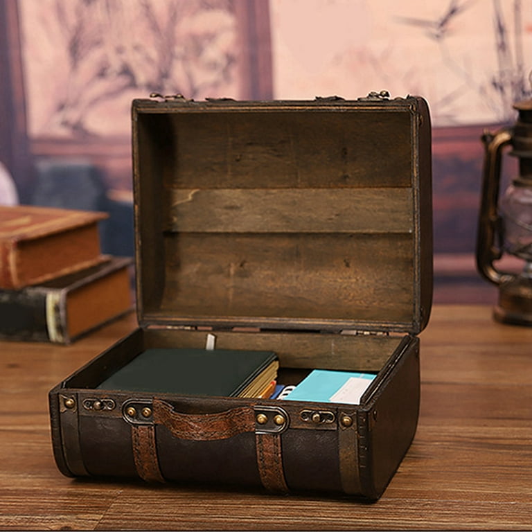 Vintage Wooden Suitcase with Buckle Lock Large Capicity Antique Treasure Storage Chest with Leather Trim Decorative Wooden Storage Trunk for