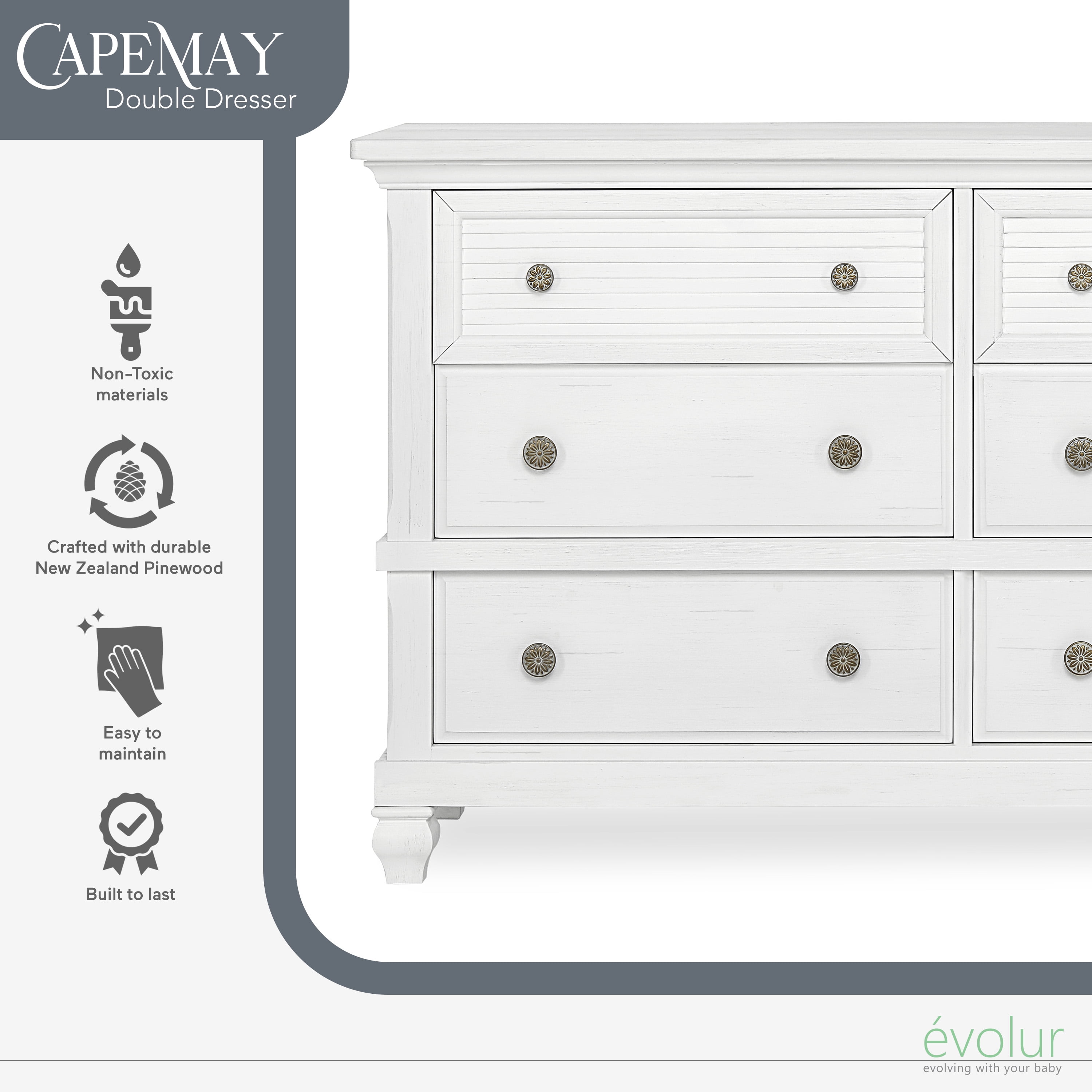 Evolur Signature Cape May Double Dresser, Weathered White, 6 Drawers